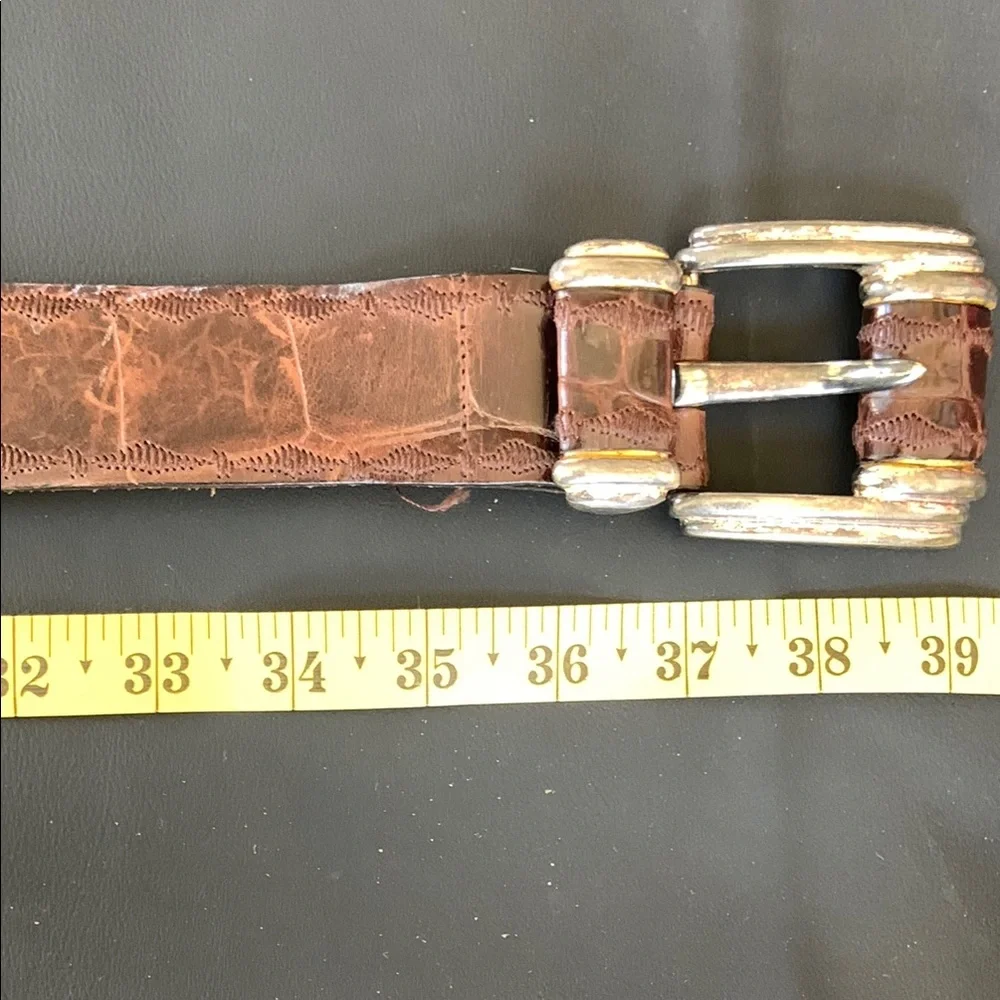 La Doppia Vita Brown Croc Embossed Leather Double Prong Belt